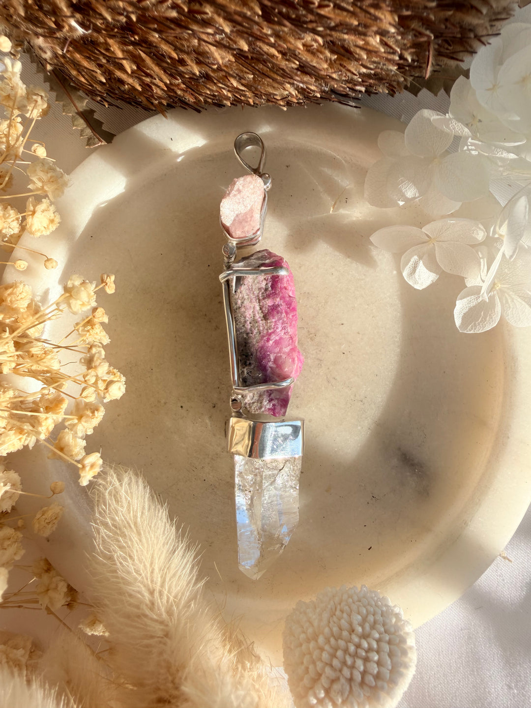 Lemurian, Cobalto Calcite & Pink Tourmaline Silver Pendant