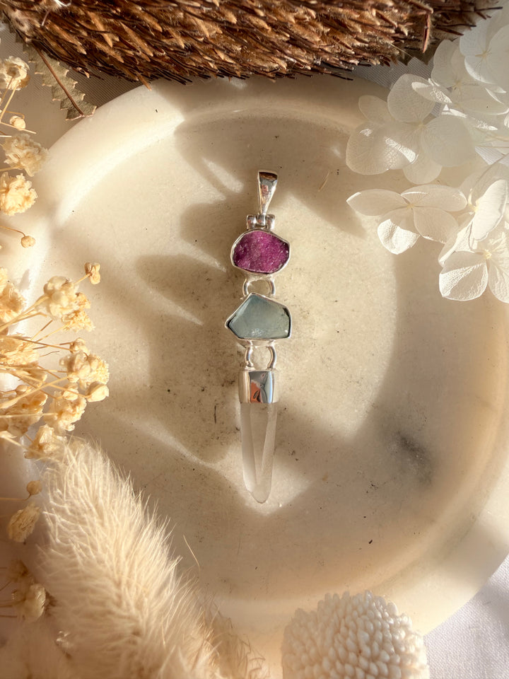 Lemurian, Cobalto Calcite & Aquamarine Silver Pendant