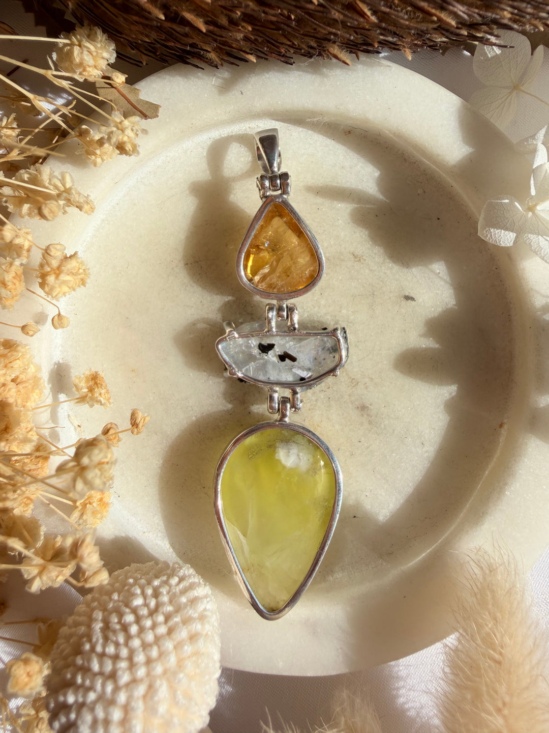 Prehnite, Rainbow Moonstone & Citrine Silver Pendant