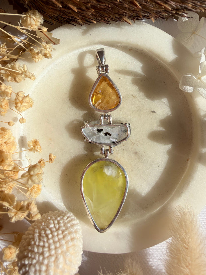 Prehnite, Rainbow Moonstone & Citrine Silver Pendant