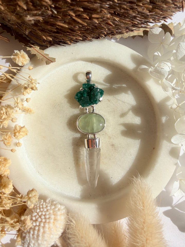 Dioptase, Prehnite & Lemurian Silver Pendant