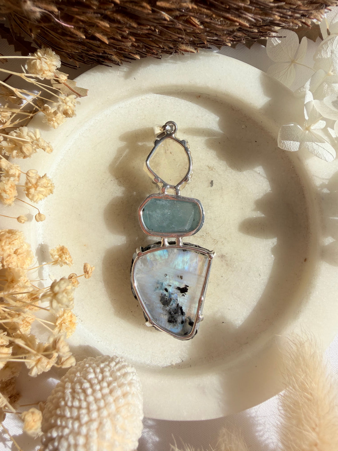 Libyan Desert Glass, Aquamarine & Rainbow Moonstone Silver Pendant