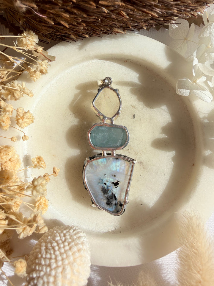 Libyan Desert Glass, Aquamarine & Rainbow Moonstone Silver Pendant