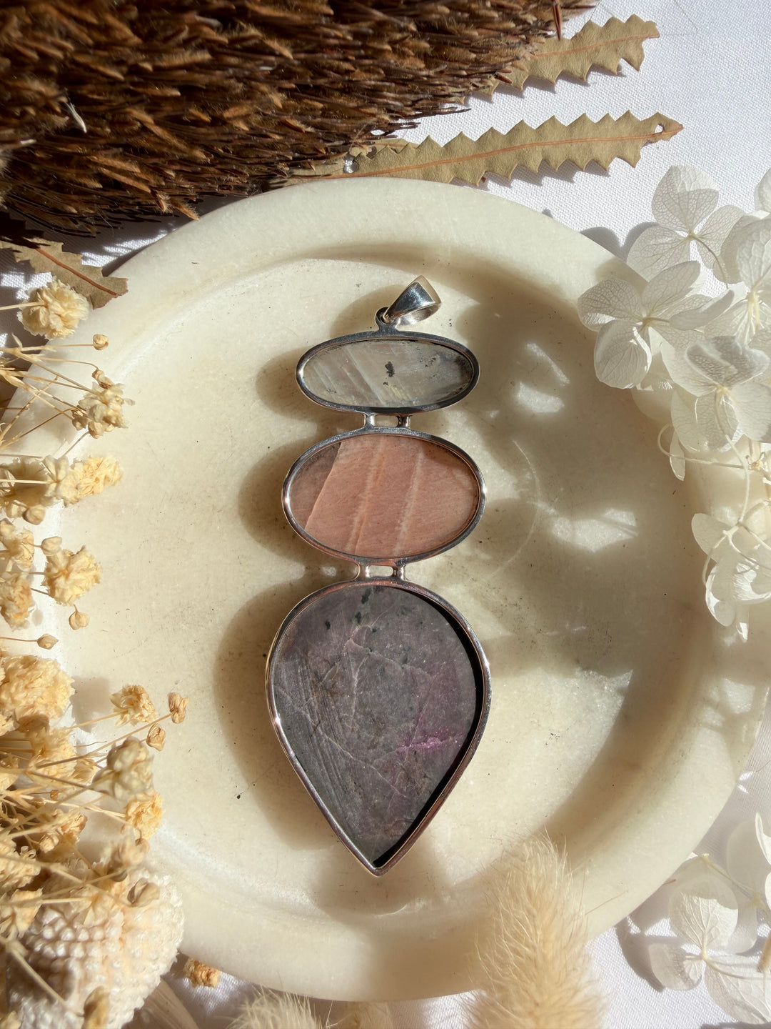 Cobalto Calcite, Peach Moonstone & Rainbow Moonstone Silver Pendant