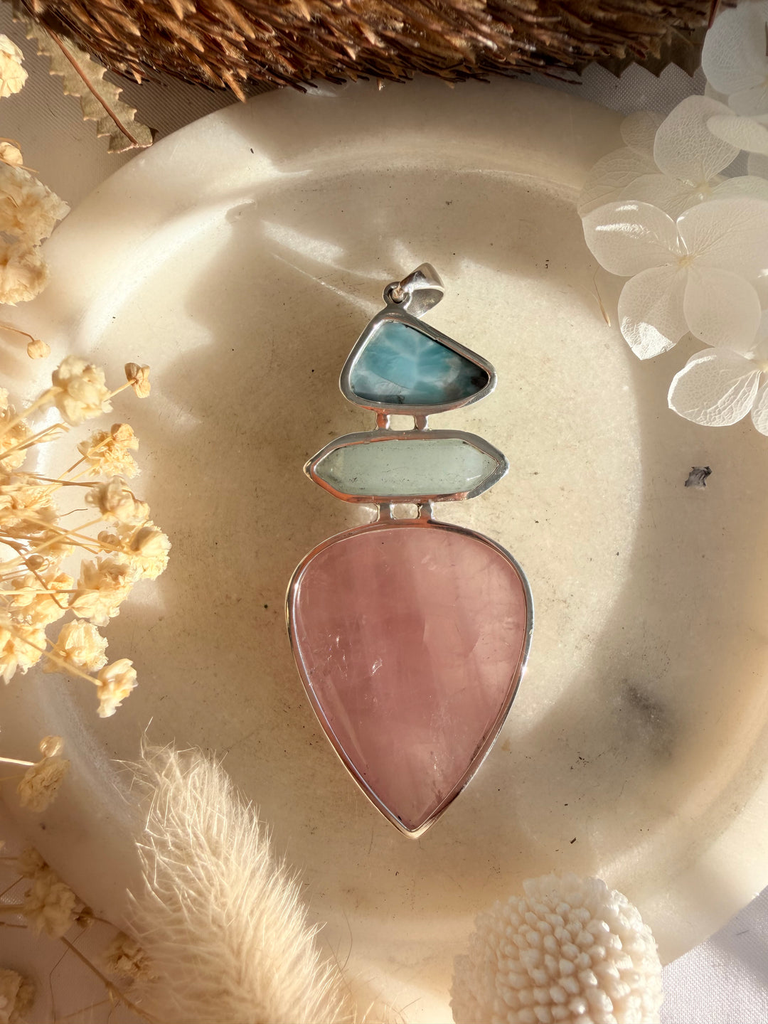 Rose Quartz, Aquamarine & Larimar Silver Pendant