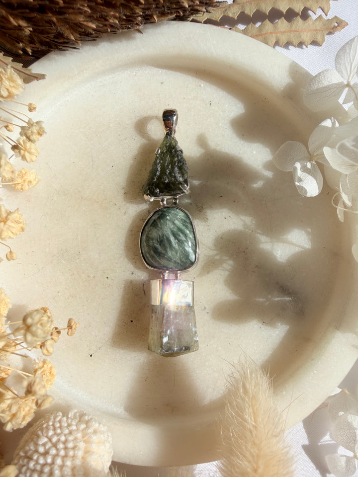 Moldavite, Seraphinite & Watermelon Tourmaline Silver Pendant
