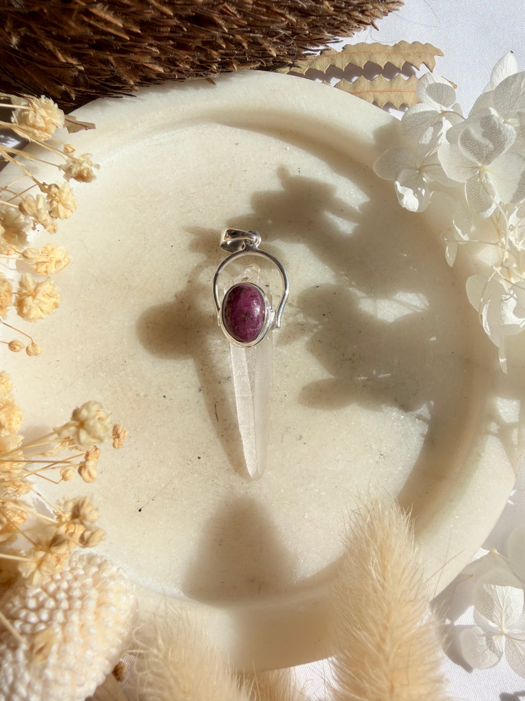 Lemurian Quartz with Ruby Silver Pendant - The Light Keepers Wand
