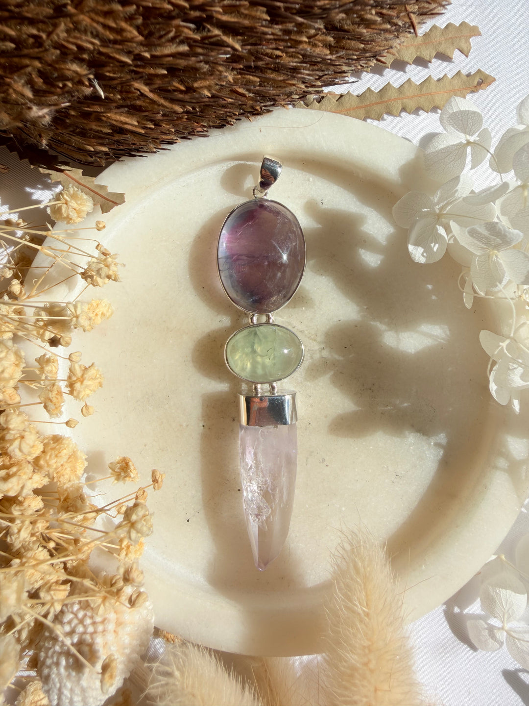 Vera Cruz Amethyst, Prehnite & Rainbow Fluorite Silver Pendant