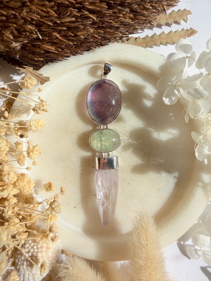 Vera Cruz Amethyst, Prehnite & Rainbow Fluorite Silver Pendant