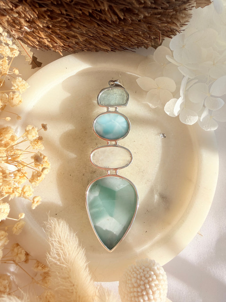 Hemimorphite, Rainbow Moonstone, Larimar & Aquamarine Silver Pendant