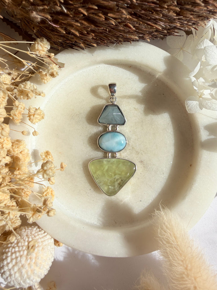 Larimar, Aquamarine & Prehnite Silver Pendant