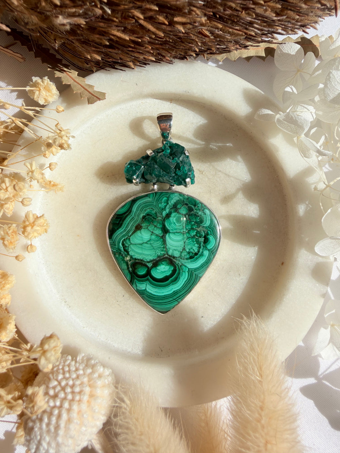 Dioptase & Malachite Silver Pendant