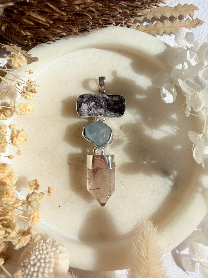 Rutilated Quartz, Aquamarine & Amethyst Silver Pendant
