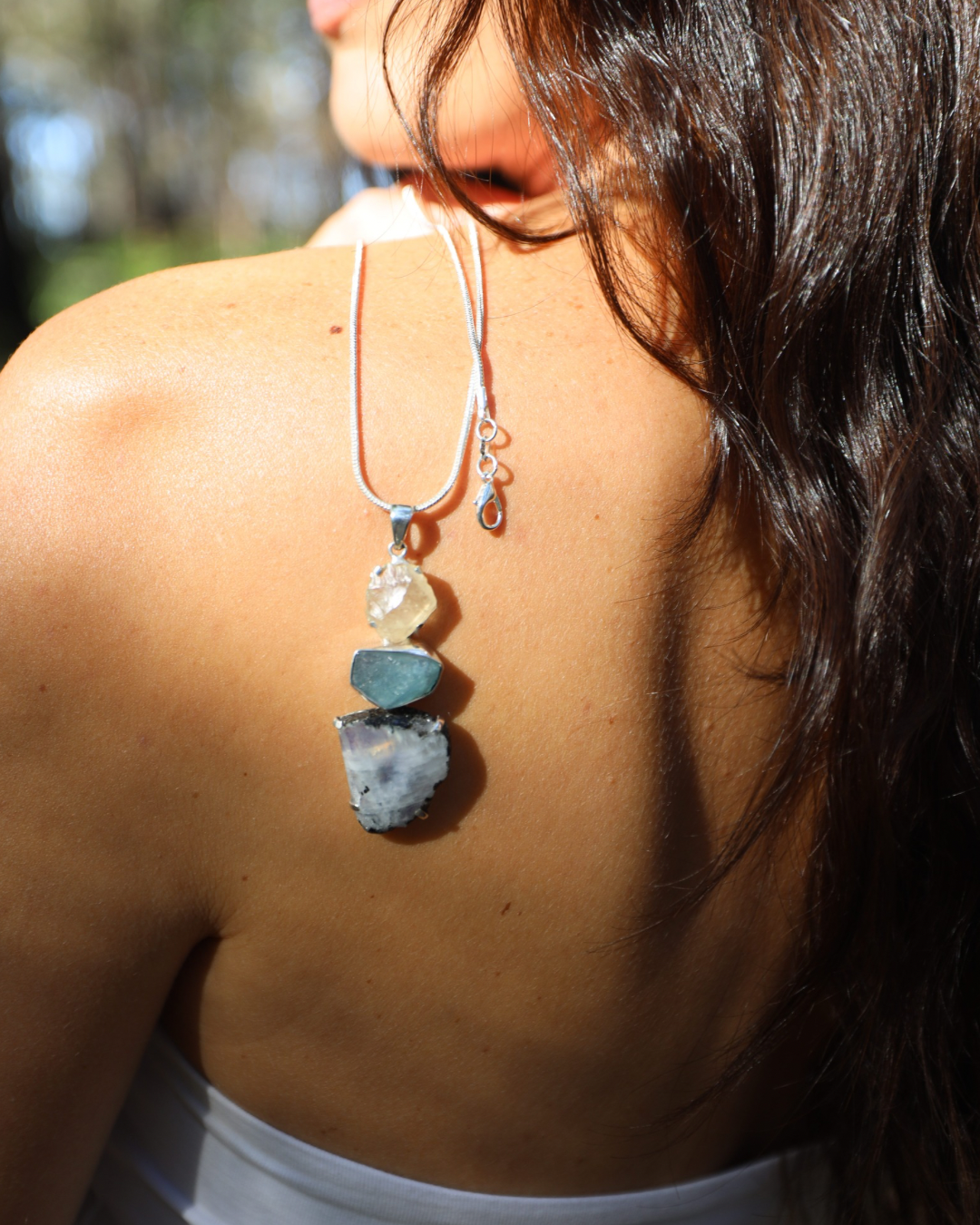 Libyan Desert Glass, Aquamarine & Rainbow Moonstone Silver Pendant
