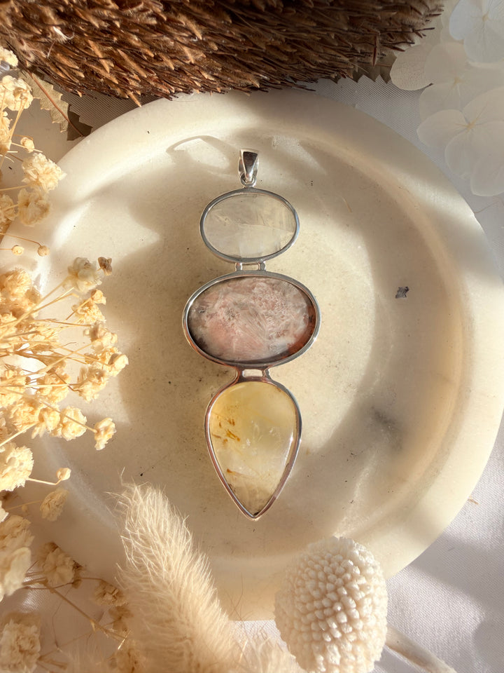 Golden Healer, Orange Scolescite & Rainbow Moonstone Silver Pendant