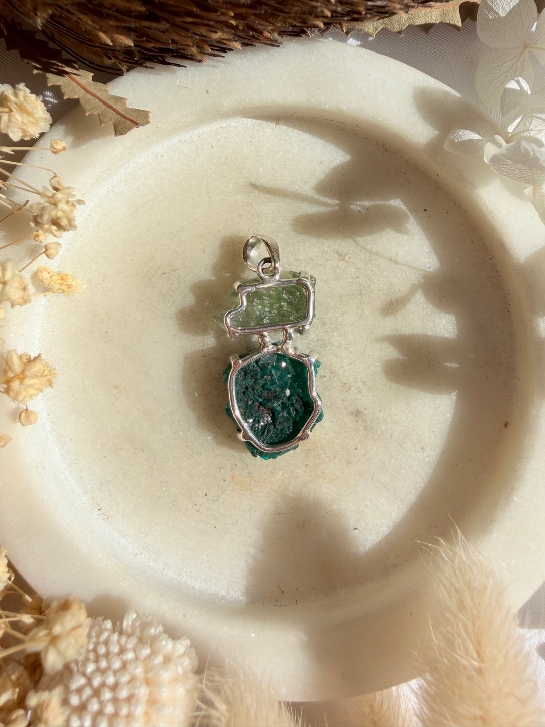 Moldavite & Dioptase Silver Pendant