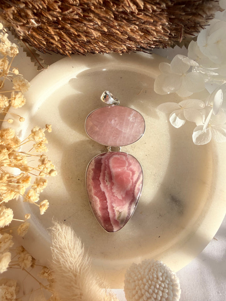 Rhodocrosite & Rose Quartz Silver Pendant