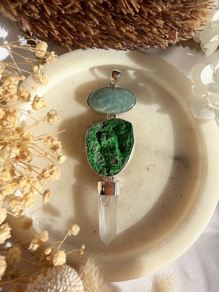 Lemurian, Uvarovite & Aquamarine Silver Pendant