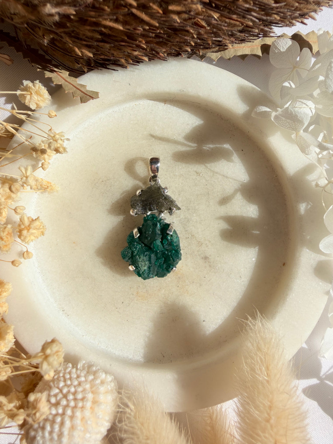 Moldavite & Dioptase Silver Pendant