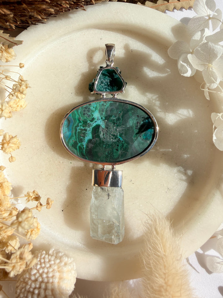 Dioptase, Chyrsocolla, Malachite & Aquamarine Silver Pendant