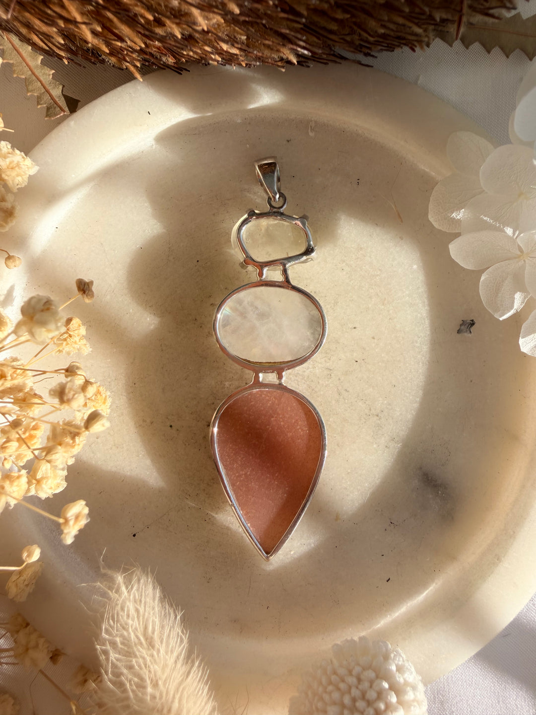 Libyan Desert Glass, Rainbow Moonstone & Peach Moonstone Silver Pendant