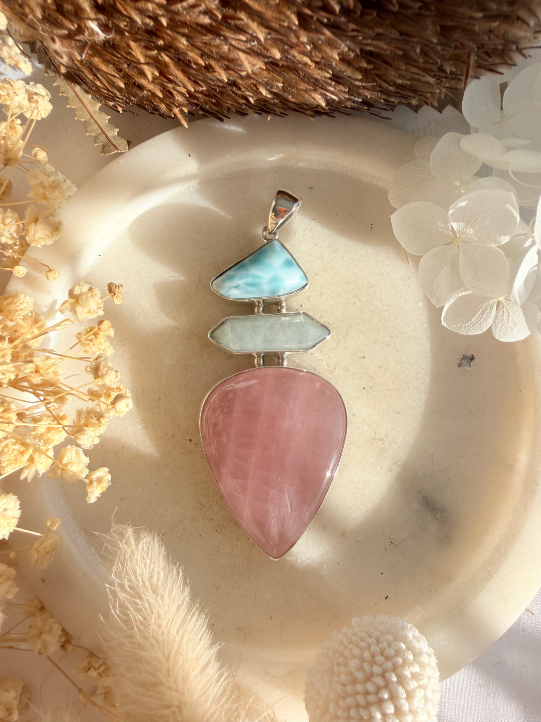 Rose Quartz, Aquamarine & Larimar Silver Pendant