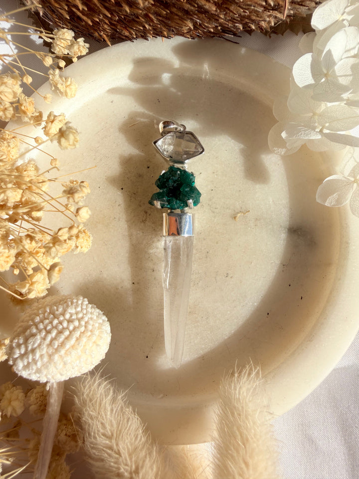 Lemurian, Dioptase & Herkimer Diamond Silver Pendant