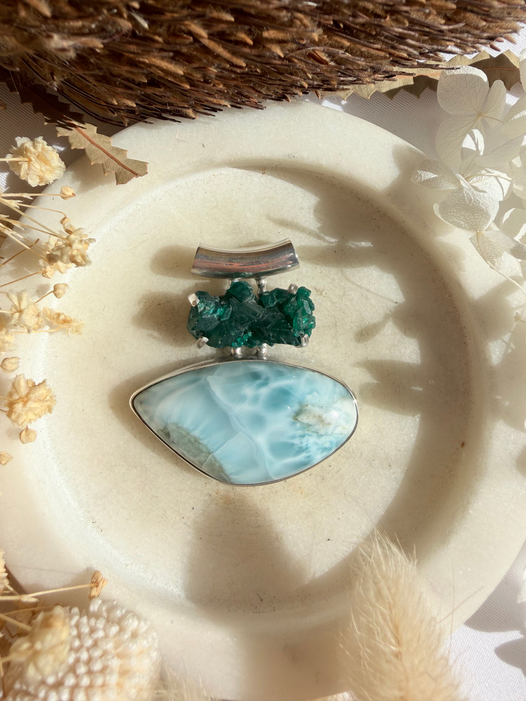 Dioptase & Larimar Silver Pendant