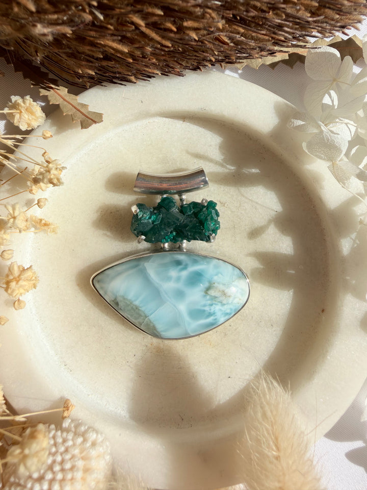 Dioptase & Larimar Silver Pendant