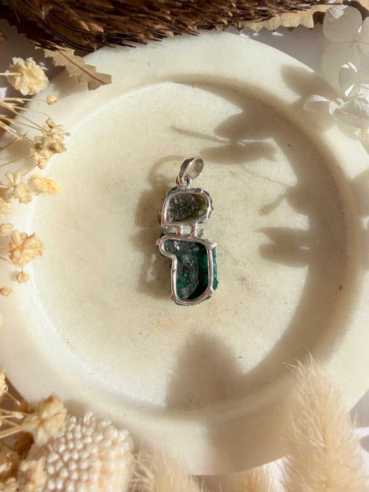 Moldavite & Dioptase Silver Pendant
