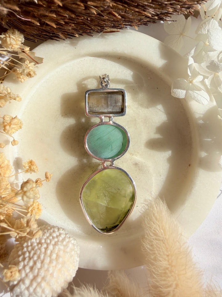 Prehnite, Chrysoprase & Smoky Citrine Silver Pendant