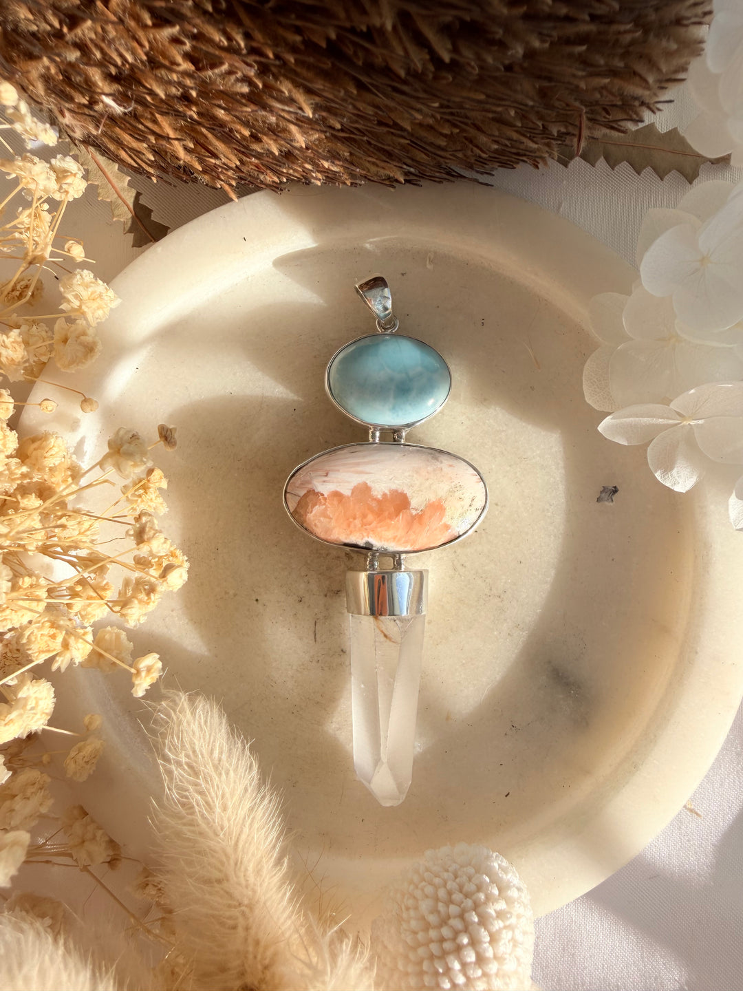 Lemurian, Orange Scolescite & Larimar Silver Pendant