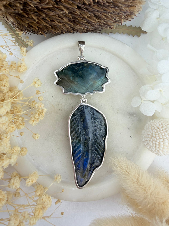 Labradorite Lotus Feather Silver Pendant