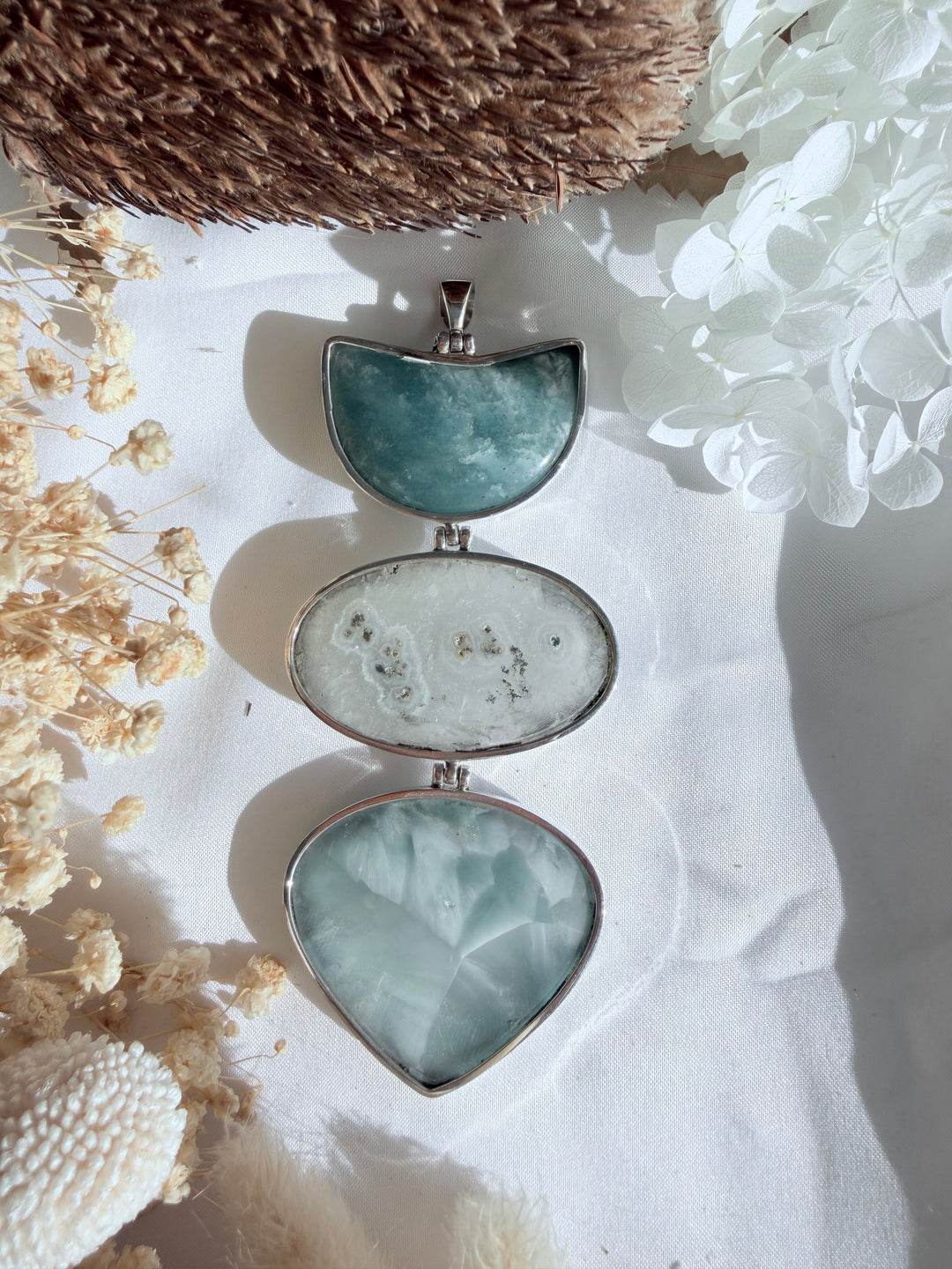Hemimorphite, White Amethyst & Amazonite Silver Pendant