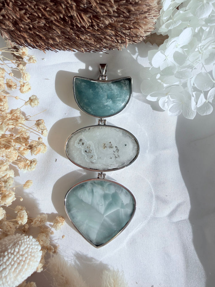 Hemimorphite, White Amethyst & Amazonite Silver Pendant