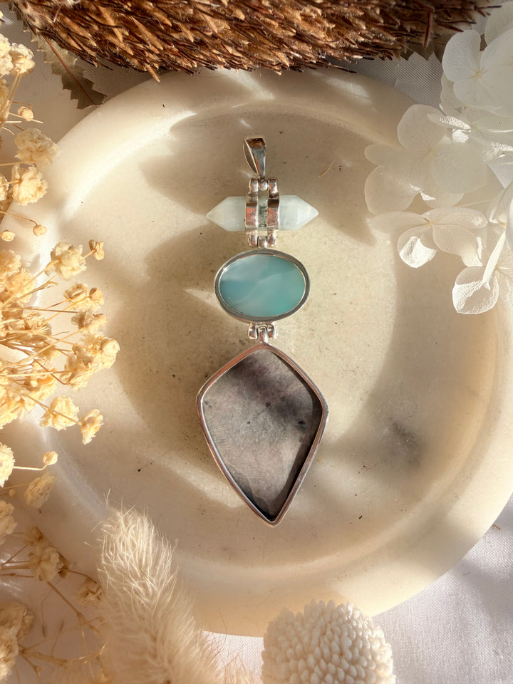 Larimar, Cobalto Calcite & Aquamarine Silver Pendant