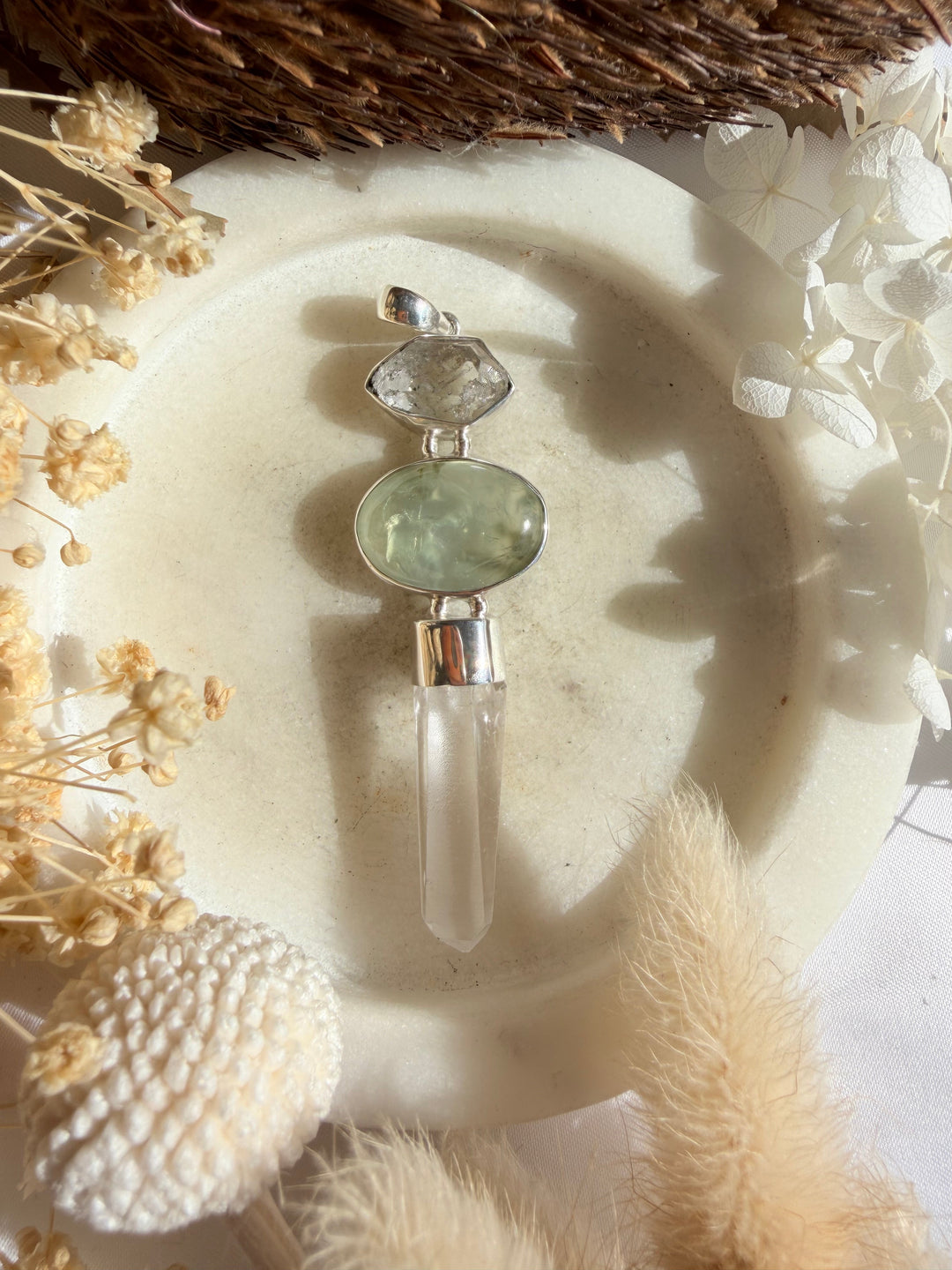 Prehnite, Herkimer Diamond & Lemurian Silver Pendant