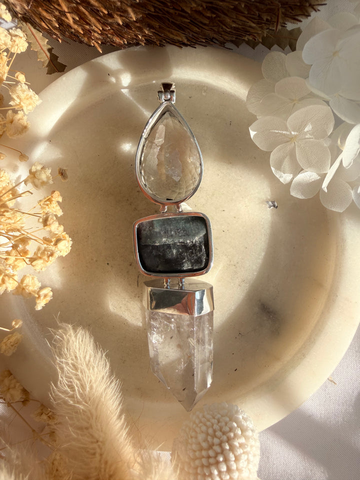 Clear Quartz & Watermelon Tourmaline Silver Pendant
