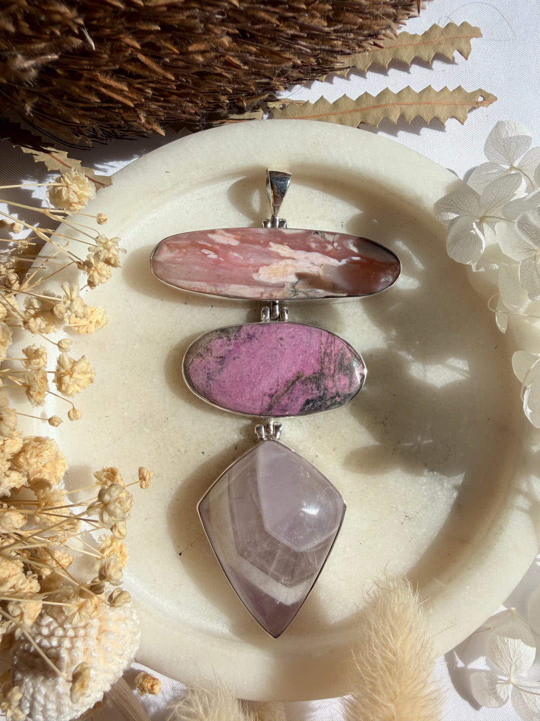Amethyst, Cobalto Calcite & Pink Opal Silver Pendant