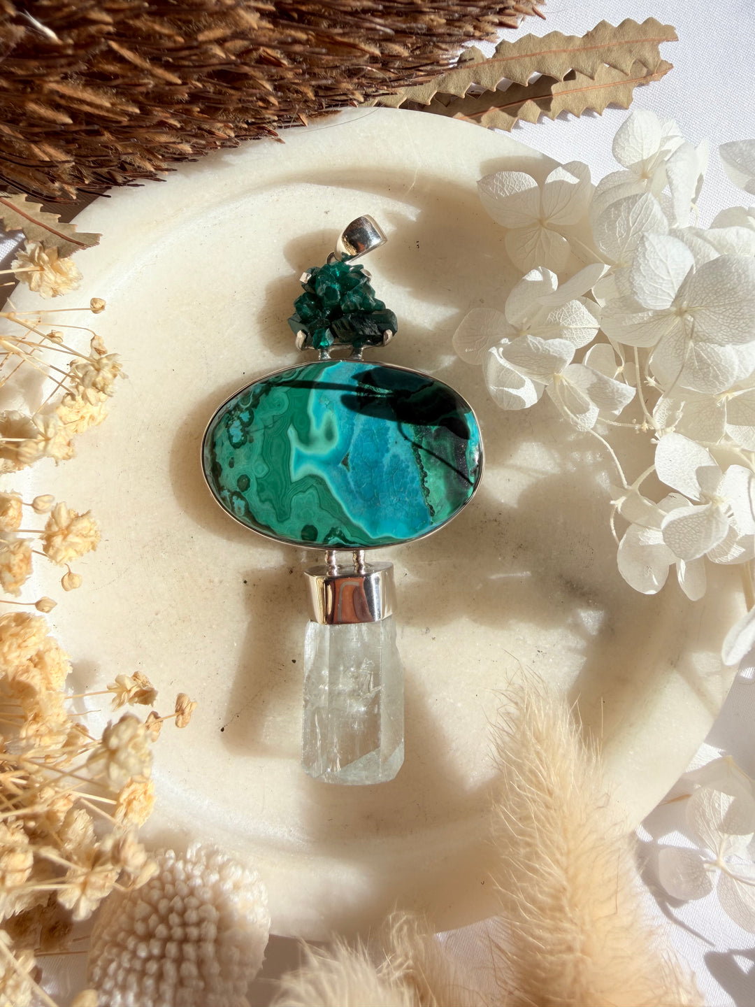 Dioptase, Chyrsocolla, Malachite & Aquamarine Silver Pendant