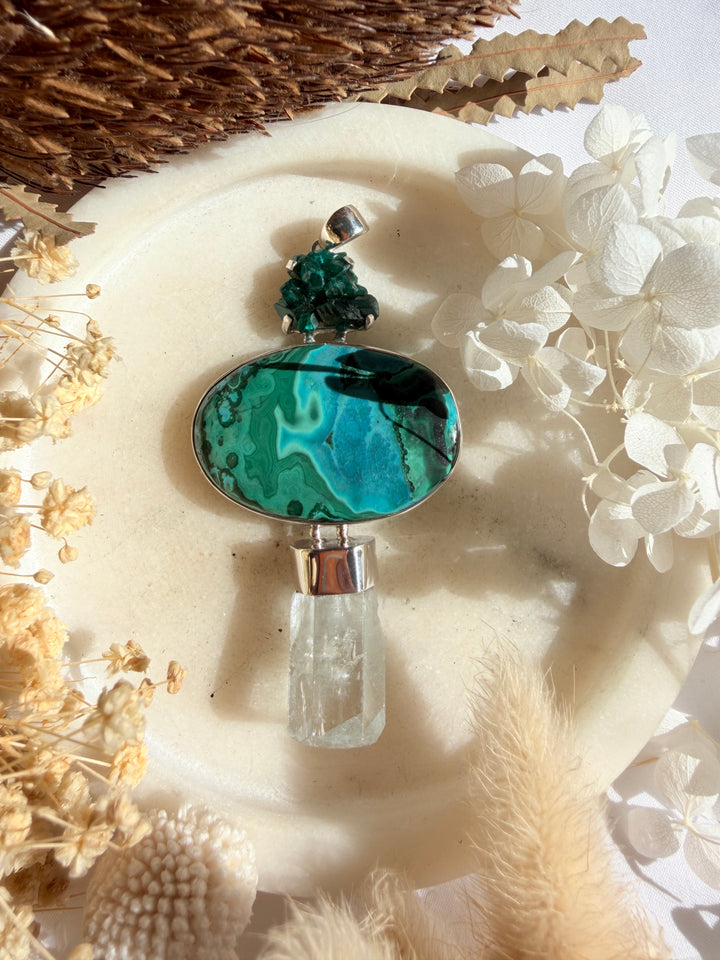 Dioptase, Chyrsocolla, Malachite & Aquamarine Silver Pendant