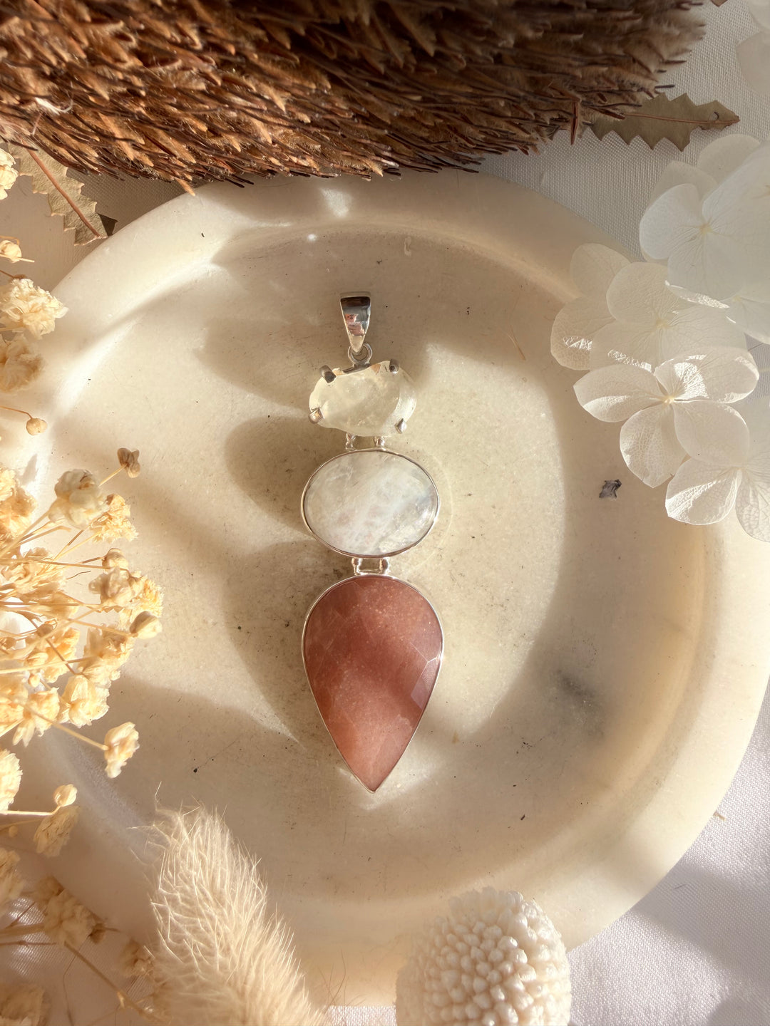 Libyan Desert Glass, Rainbow Moonstone & Peach Moonstone Silver Pendant
