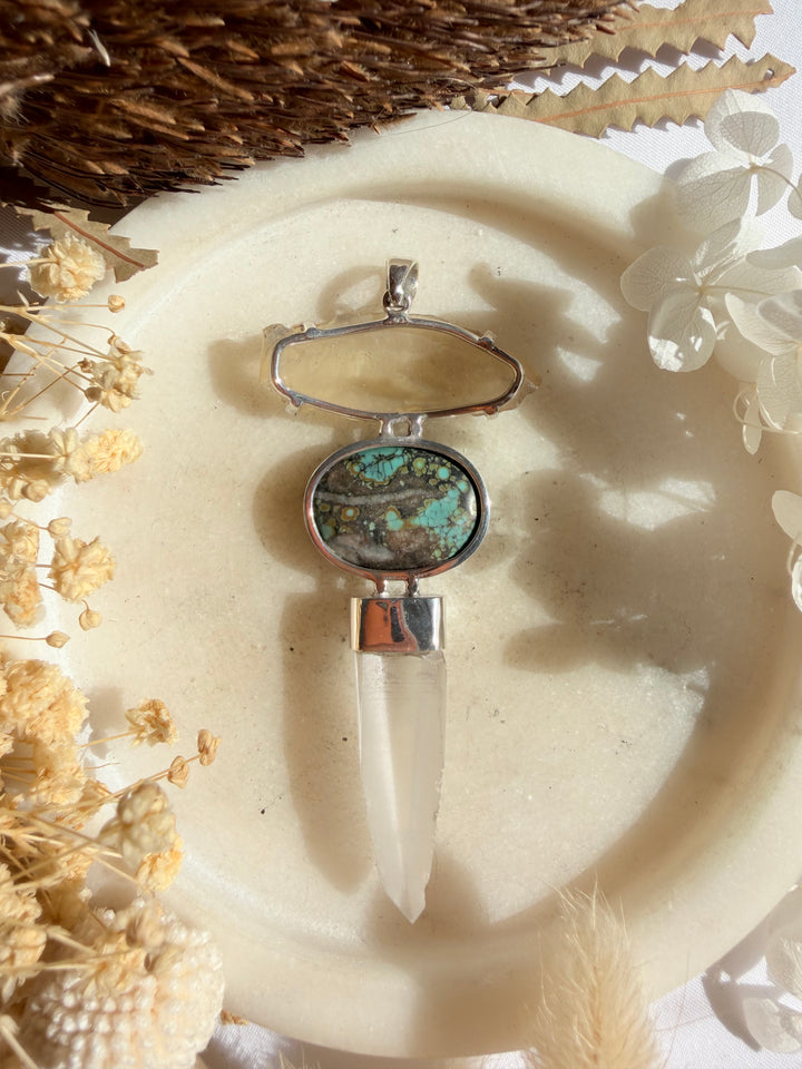 Lemurian Laser, Turquoise & Libyan Desert Glass Silver Pendant