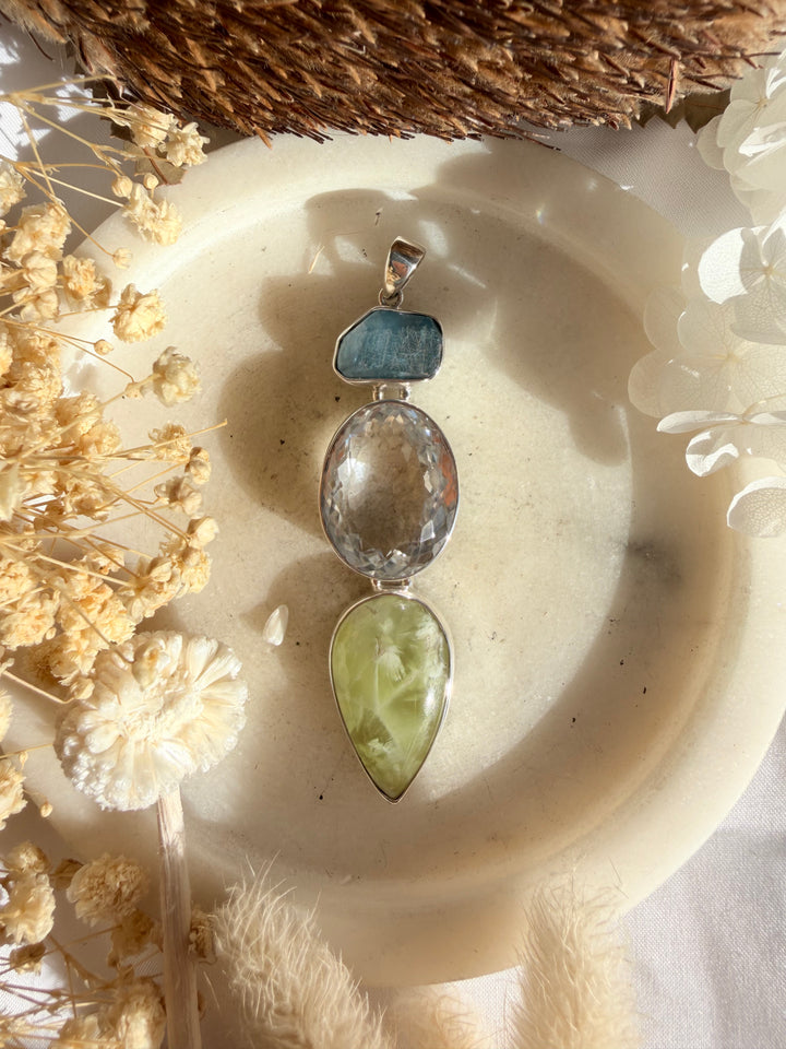Aquamarine, Prehnite & Clear Quartz Wand Silver Pendant