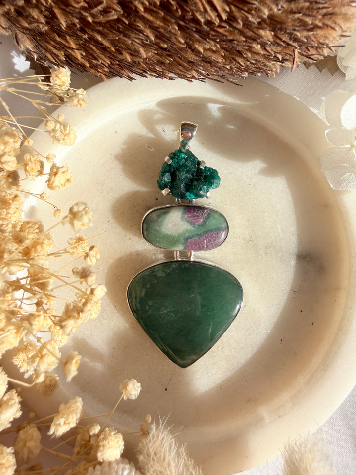 Jade, Ruby Fuchsite & Dioptase Silver Pendant