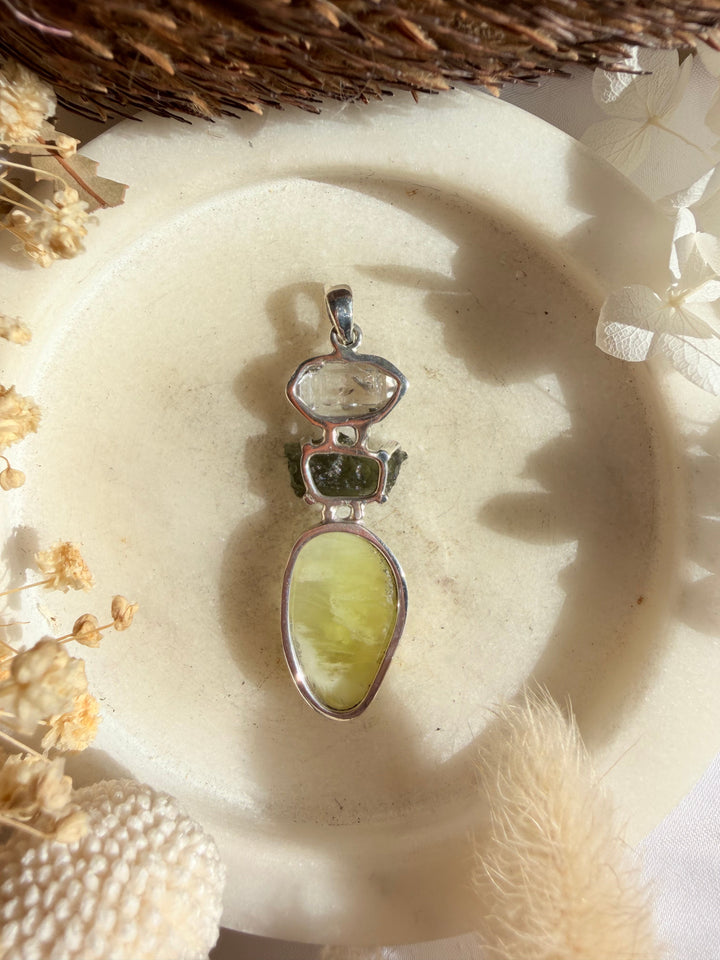 Prehnite, Moldavite & Herkimer Diamond Silver Pendant