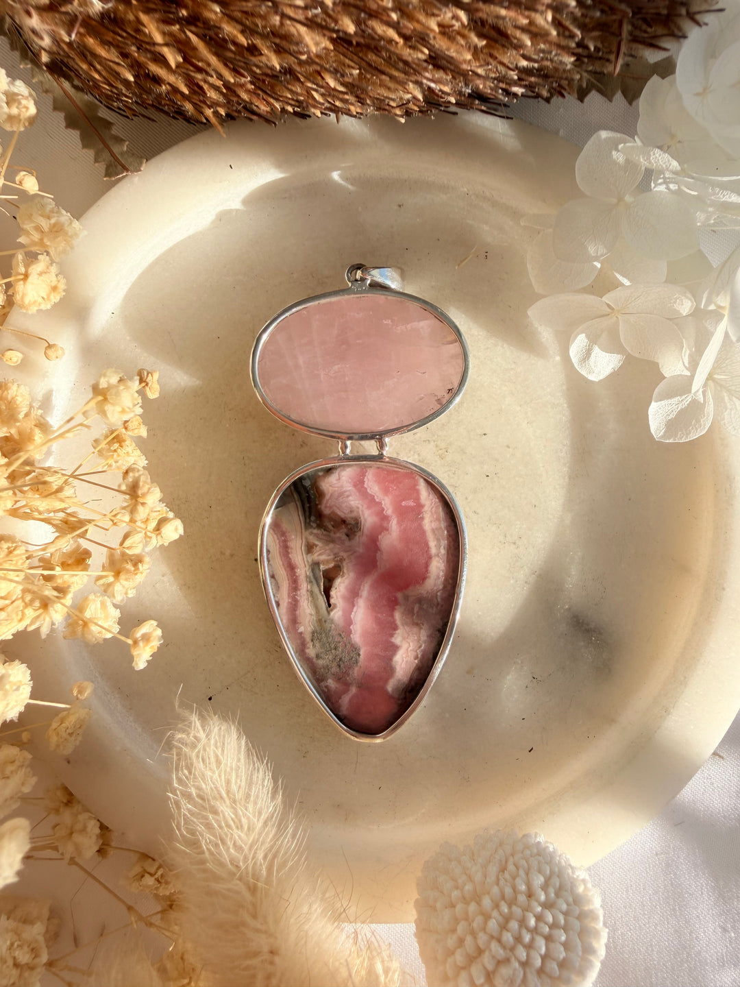 Rhodocrosite & Rose Quartz Silver Pendant