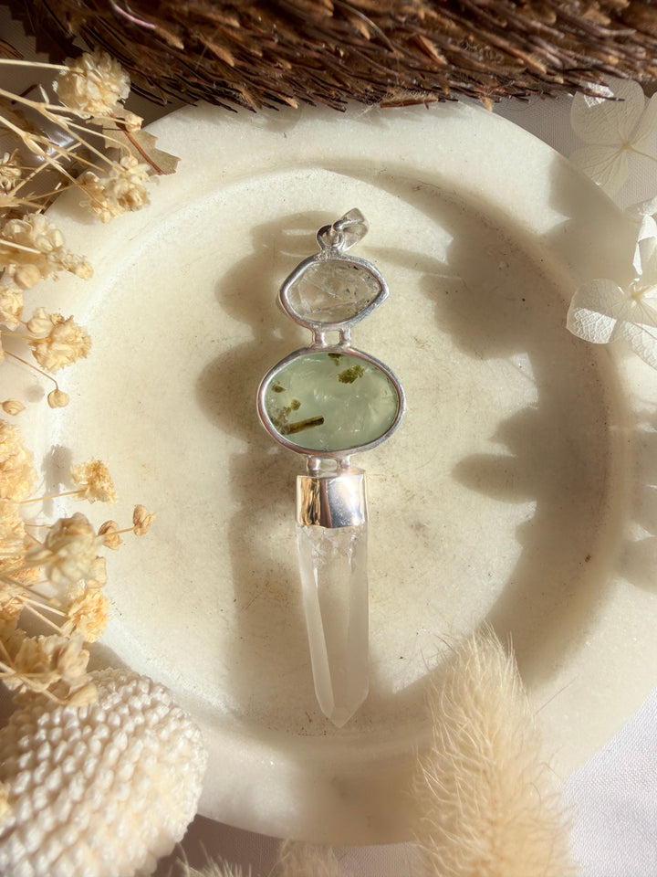 Prehnite, Herkimer Diamond & Lemurian Silver Pendant