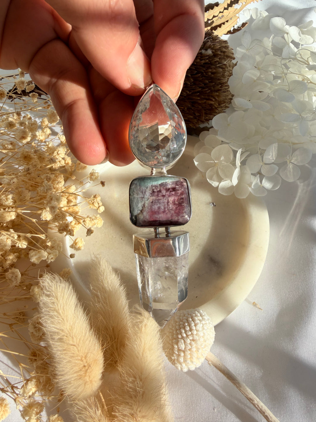 Clear Quartz & Watermelon Tourmaline Silver Pendant