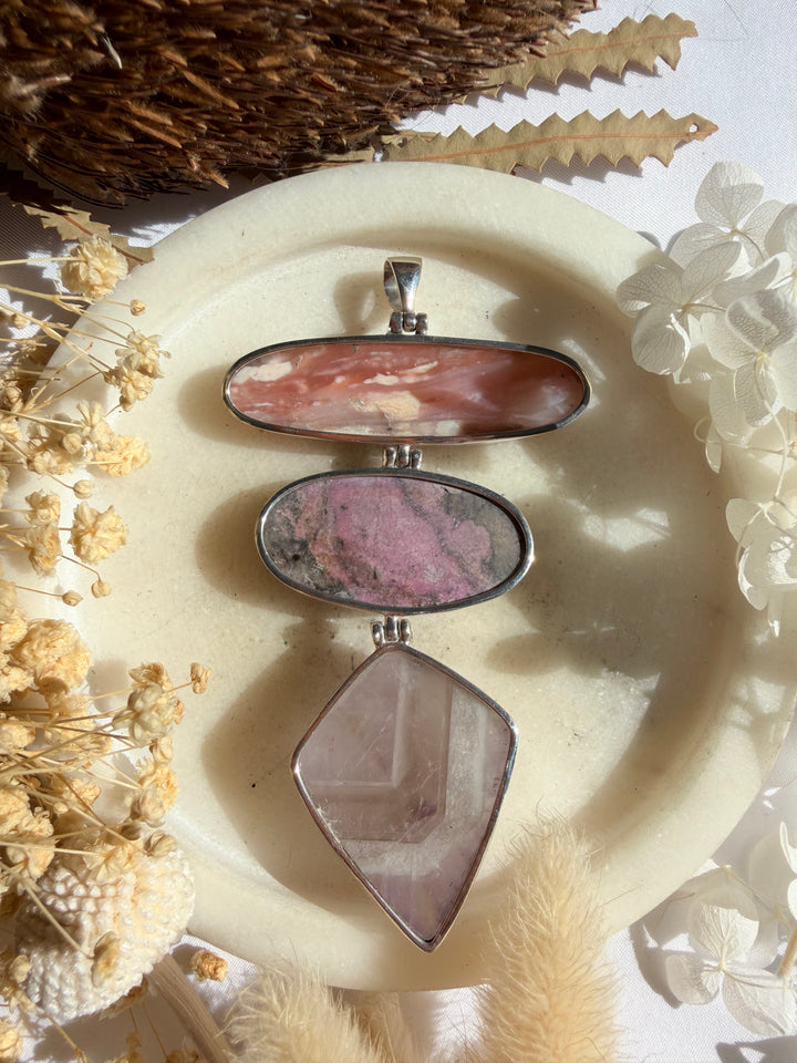 Amethyst, Cobalto Calcite & Pink Opal Silver Pendant